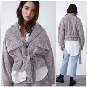 Zara Tweed Belted Oversized Cropped Jacket